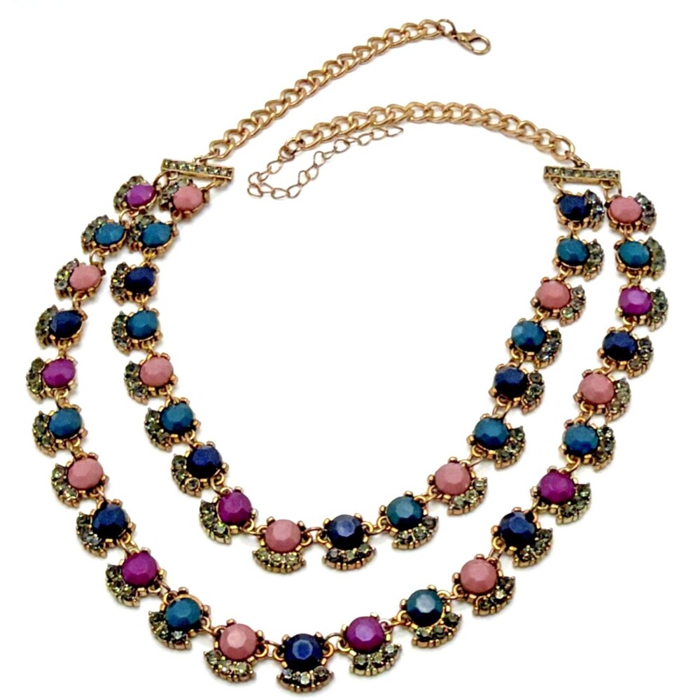 Double Strand Rhinestone Necklace Pink Purple Teal Blue Clear Smoky Accents 18"